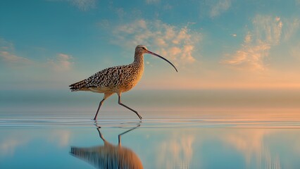 Curlew Bird Walking in Shallow Water with Reflection in Golden Light