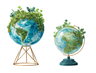  A blue globe with green plants and an electric earth on a metal stand next to it. Transparent background