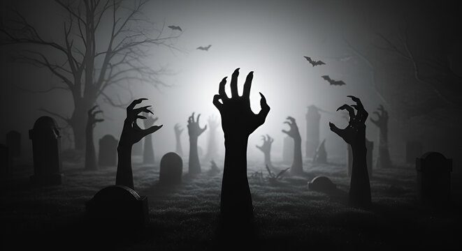 Eerie graveyard scene with reaching zombie hands in black and white tones