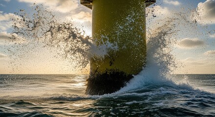 Offshore Oil Platform Amid Ocean Waves at Sunset and splashing the ocean water