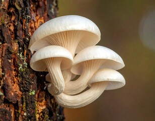 Closeup of Clustered Edible Mushrooms on Tree Bark.