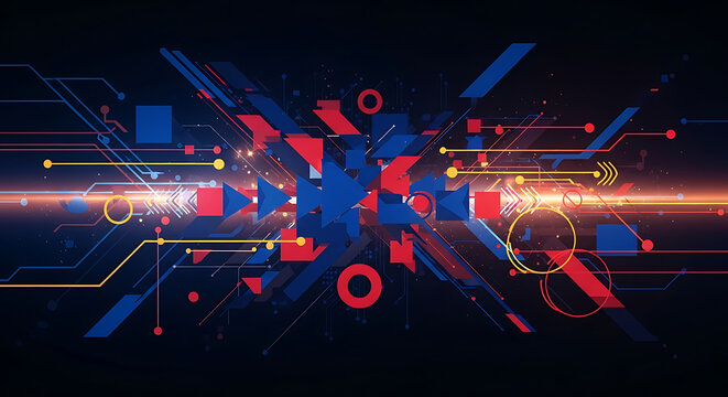 Abstract Digital Technology Concept showcasing a dynamic network of glowing data streams, interconnected lines, and vibrant geometric shapes, symbolizing innovation - Powered by Adobe