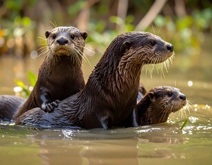 Three otters in a swampy river