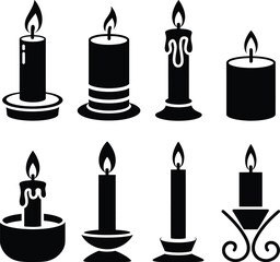 Obraz premium Set of various black and white candle icons on a white background, perfect for design and decoration elements