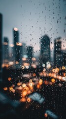 Obraz premium Rain Streaked Cityscape View From Window At Night