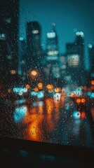 Obraz premium Cityscape At Night Through Rainy Window