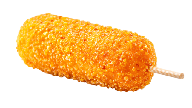 Close up of a tasty corn dog isolated on transparent background, ready to eat