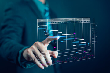 Business project management concept with digital Gantt chart interface, timeline planning, and task scheduling, symbolizing productivity, workflow optimization, teamwork, strategic business success.