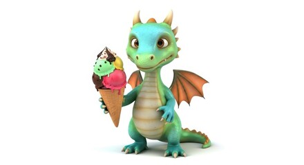 Fototapeta premium Cute baby dragon holding ice cream cone, 3D cartoon fantasy creature with colorful dessert, whimsical green dragon character on white background