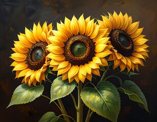 Three sunflowers in a still life
