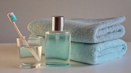 Bathroom essentials are arranged in a still life featuring a toothbrush in a glass of water alongside a bottle, and soft, folded towels.