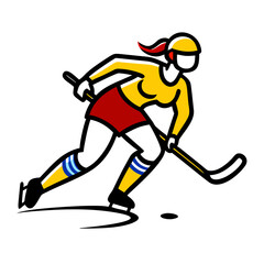 Obraz premium Stylized female ice hockey player in yellow jersey red shorts and blue striped socks skating with stick