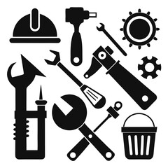 Black silhouette icons of construction and repair tools