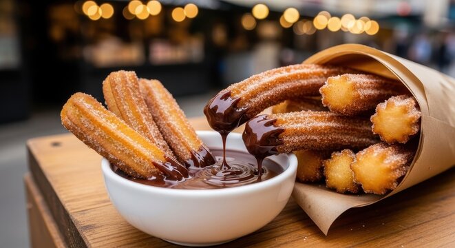 Traditional Spanish churros with chocolate sauce, crispy fried dough sticks in paper cone, sweet cinnamon sugar dessert on wooden table