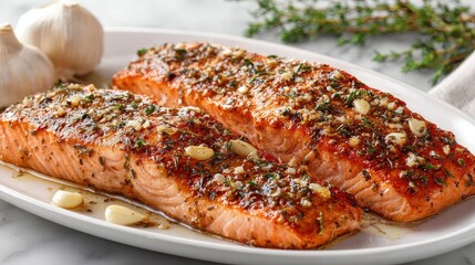 Sizzling pan-seared salmon fillets, seasoned with herbs and garlic, are presented on a white plate with a sprig of greenery, exhibiting a  view showcasing appetizing culinary preparation and vibrant