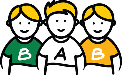 Naklejka premium Three cartoon children with yellow hair and letters on shirts green shirt white letter B