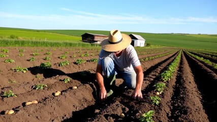 Farmer kneeling in a furrowed field tending to young potato plants - Powered by Adobe