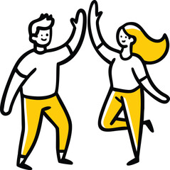 Two cartoon people giving a high five with yellow pants and white shirts celebration success