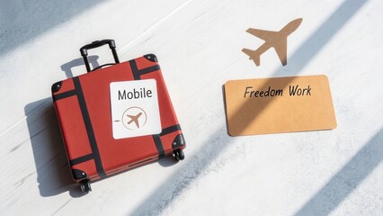 Red suitcase with mobile label and freedom work sign on white surface with airplane shadow, symbolizing remote travel and work