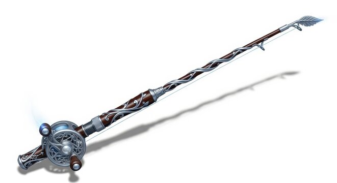 Ornate fantasy fishing rod with intricate silver filigree, magical wooden fishing pole with reel, mystical angler gear for game design