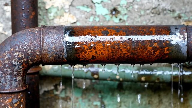 Water dripping from a corroded and rusty old plumbing pipe