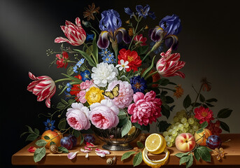 Luxurious dutch masterpiece still life flower arrangement vibrant blooms and fruit on a table © Graphics Suit