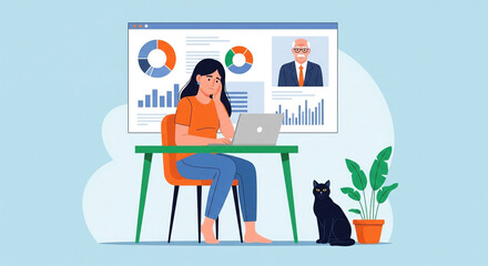 A young woman, likely of European descent, with long dark hair, is seated at a green table in front of a laptop