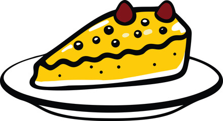Yellow cake slice with dark red cherry topping on white plate cartoon illustration dessert food