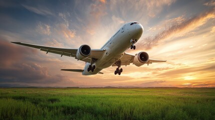Large passenger aircraft taking off from the runway, showcasing a beautiful sunset sky filled with vibrant orange, yellow, and pink hues alongside a green grass field, creating a stunning aerial view