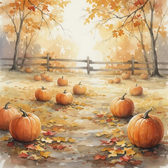 Autumn pumpkins scattered on ground with colorful falling leaves  