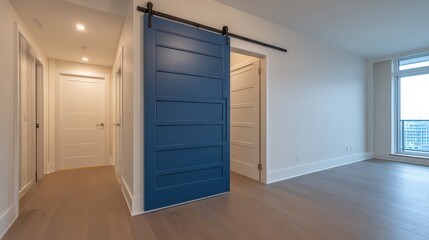 Interior perspective showcases a stylish hallway with a blue sliding door leading to a bright room, featuring wooden flooring and white walls, creating a modern and spacious atmosphere, complemented