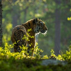 Tiger in a sunlit forest