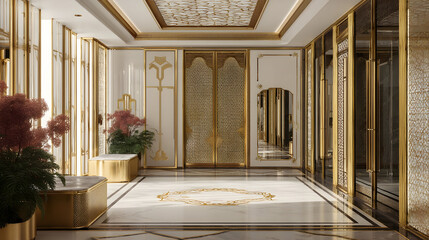 Fototapeta premium Luxury bathroom illustrates classic interior with golden fixtures