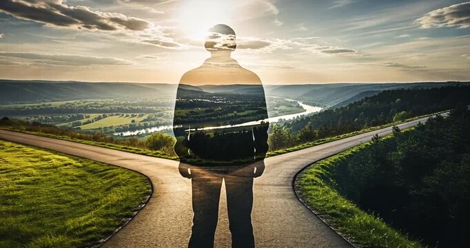 Silhouette of a person standing at a crossroads with a sunset over a scenic valley