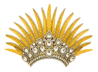 Ornate golden crown with feathers and jewels isolated on transparent background