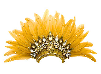 Ornate golden crown with feathers and jewels isolated on transparent background