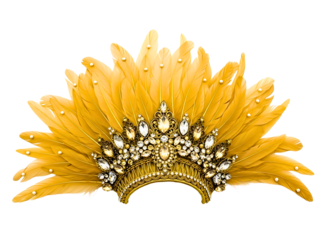 Ornate golden crown with feathers and jewels isolated on transparent background