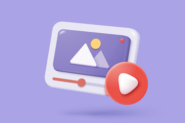 3D live stream icon on social media browser, emotion in cinema frame. Social media playing video promote the idea of passive revenue generation. 3D live entertainment icon vector render illustration
