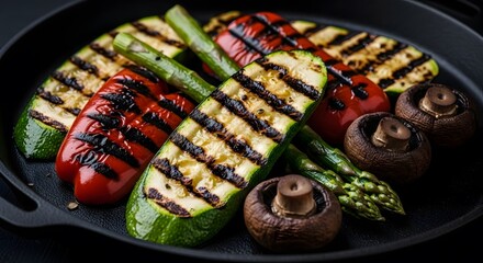 Delicious grilled zucchini, vibrant red bell peppers, tender asparagus, and savory mushrooms expertly prepared on a dark pan, showcasing perfect char marks for a healthy and flavorful meal