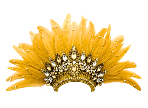Ornate golden crown with feathers and jewels isolated on transparent background - Powered by Adobe