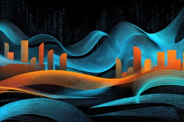 Abstract artwork featuring a city silhouette over undulating blue and orange waves on a black backdrop