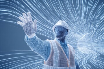 A digital construction worker interacts with a flow of data, wearing a safety vest and hard hat