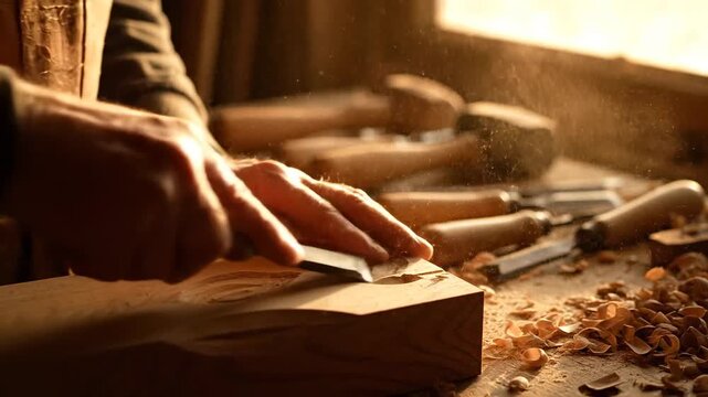 Dedicated craftsman's hands carefully chiseling wood for a detailed project