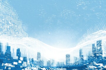Digital city skyline scene, with glowing wave overlay, evoking data flow and tech growth