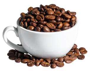 Coffee cup with scattered coffee beans