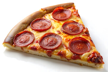 Single slice of pepperoni pizza isolated on white background