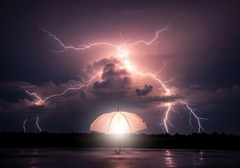 Illuminated umbrella stands against a backdrop of electrical storms and dramatic skies offering a sense of resilience