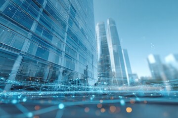Low-angle cityscape depicts a modern skyscraper with data streams flowing. The sky is clear