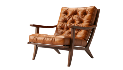 Detailed  shot presents a comfortable, vintage-style armchair with tufted, light-brown leather upholstery and wooden frame, set against a dark background, emphasizing the texture and details of the...
