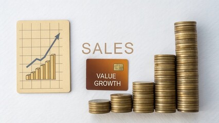 Sales Growth Representation with Coins, Card, and Graph Depicting Financial Success and Positive Trend in Business Economy